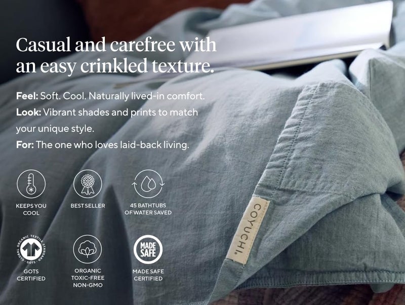 Coyuchi Organic Crinkled Percale Cooling Sheet Set, Breathable 100% Organic Cotton, Steel Blue (Twin) - Image 3